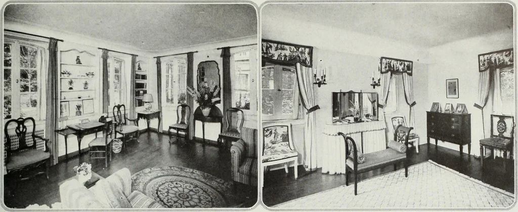 An illustration from House & garden's book of interiors, containing over three hundred illustrations of living rooms, dining rooms, libraries, halls, bedrooms, porches, breakfast rooms, nurseries, kitchens, bathrooms and the use of decorative accessories and curtains, together with practical suggestions for the furnishing and decorating of each type of room in the house, 1920, leaf 96