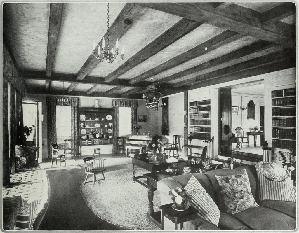 An illustration from House & garden's book of interiors, containing over three hundred illustrations of living rooms, dining rooms, libraries, halls, bedrooms, porches, breakfast rooms, nurseries, kitchens, bathrooms and the use of decorative accessories and curtains, together with practical suggestions for the furnishing and decorating of each type of room in the house, 1920, leaf 96