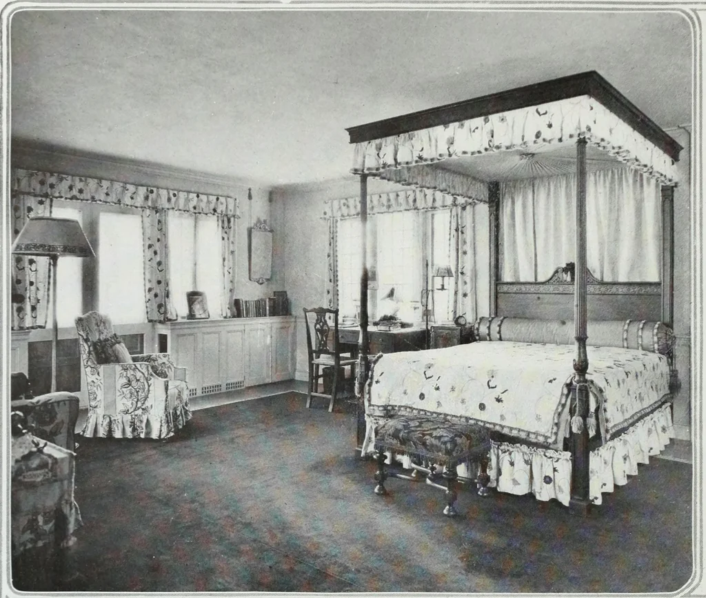 An illustration from House & garden's book of interiors, containing over three hundred illustrations of living rooms, dining rooms, libraries, halls, bedrooms, porches, breakfast rooms, nurseries, kitchens, bathrooms and the use of decorative accessories and curtains, together with practical suggestions for the furnishing and decorating of each type of room in the house, 1920, leaf 97
