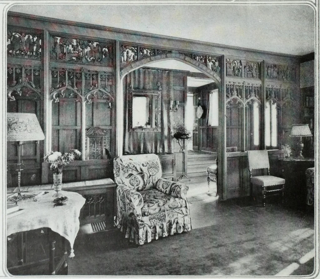 An illustration from House & garden's book of interiors, containing over three hundred illustrations of living rooms, dining rooms, libraries, halls, bedrooms, porches, breakfast rooms, nurseries, kitchens, bathrooms and the use of decorative accessories and curtains, together with practical suggestions for the furnishing and decorating of each type of room in the house, 1920, leaf 97