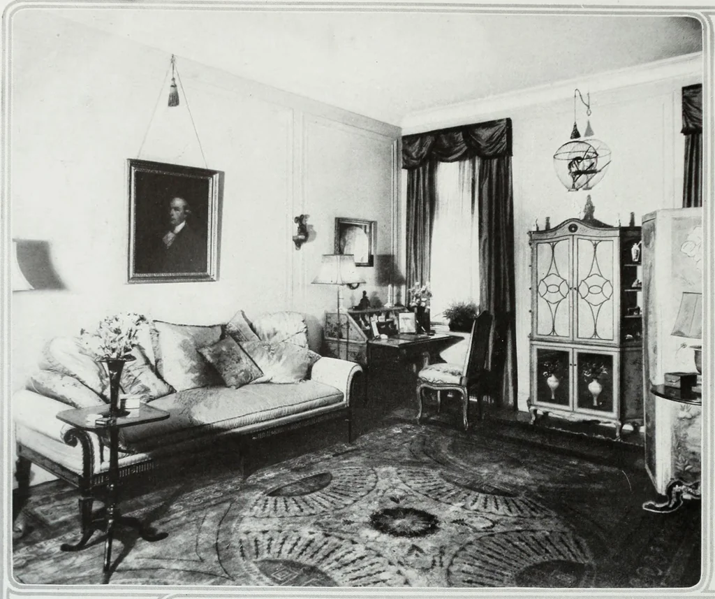 An illustration from House & garden's book of interiors, containing over three hundred illustrations of living rooms, dining rooms, libraries, halls, bedrooms, porches, breakfast rooms, nurseries, kitchens, bathrooms and the use of decorative accessories and curtains, together with practical suggestions for the furnishing and decorating of each type of room in the house, 1920, leaf 99