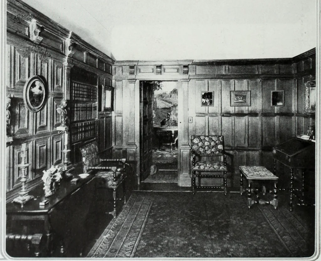 An illustration from House & garden's book of interiors, containing over three hundred illustrations of living rooms, dining rooms, libraries, halls, bedrooms, porches, breakfast rooms, nurseries, kitchens, bathrooms and the use of decorative accessories and curtains, together with practical suggestions for the furnishing and decorating of each type of room in the house, 1920, leaf 99