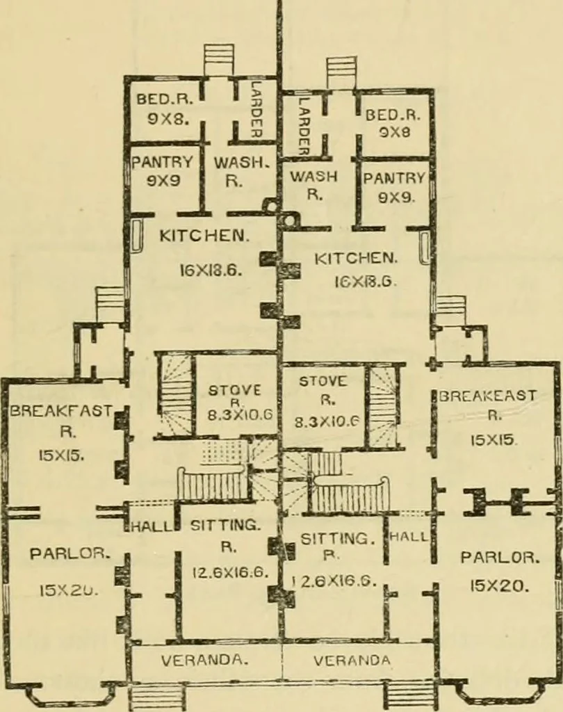 An illustration from The house, a manual of rural architecture, or, How to build country houses and out-buildings : embracing the origin and meaning of the house ; the art of house-building, including planning, style and construction ; desings and descriptions of cottages farm-houses, villas and out-buildings, of various cost and in the different styles of architecture, etc., etc. ; and an appendix containing recipes for paints and washes, stucco, rough-cast, etc. ; and instructions for roofing, building with rough stone, unburnt brick, balloon frames, and the concrete or gravel wall ; with numerous original plans, 1866, leaf 100