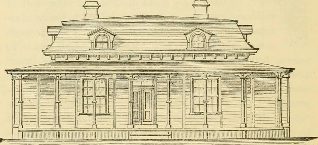 An illustration from The house, a manual of rural architecture, or, How to build country houses and out-buildings : embracing the origin and meaning of the house ; the art of house-building, including planning, style and construction ; desings and descriptions of cottages farm-houses, villas and out-buildings, of various cost and in the different styles of architecture, etc., etc. ; and an appendix containing recipes for paints and washes, stucco, rough-cast, etc. ; and instructions for roofing, building with rough stone, unburnt brick, balloon frames, and the concrete or gravel wall ; with numerous original plans, 1866, leaf 103