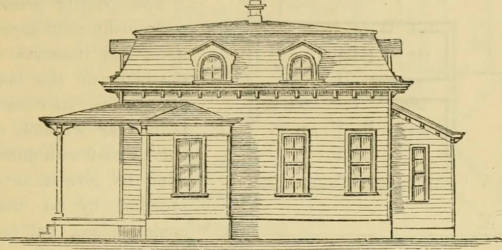 An illustration from The house, a manual of rural architecture, or, How to build country houses and out-buildings : embracing the origin and meaning of the house ; the art of house-building, including planning, style and construction ; desings and descriptions of cottages farm-houses, villas and out-buildings, of various cost and in the different styles of architecture, etc., etc. ; and an appendix containing recipes for paints and washes, stucco, rough-cast, etc. ; and instructions for roofing, building with rough stone, unburnt brick, balloon frames, and the concrete or gravel wall ; with numerous original plans, 1866, leaf 104