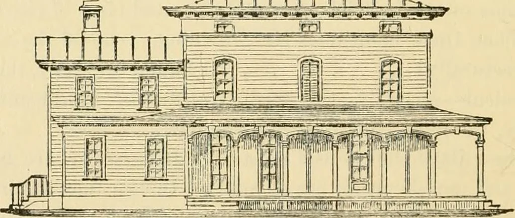 An illustration from The house, a manual of rural architecture, or, How to build country houses and out-buildings : embracing the origin and meaning of the house ; the art of house-building, including planning, style and construction ; desings and descriptions of cottages farm-houses, villas and out-buildings, of various cost and in the different styles of architecture, etc., etc. ; and an appendix containing recipes for paints and washes, stucco, rough-cast, etc. ; and instructions for roofing, building with rough stone, unburnt brick, balloon frames, and the concrete or gravel wall ; with numerous original plans, 1866, leaf 109