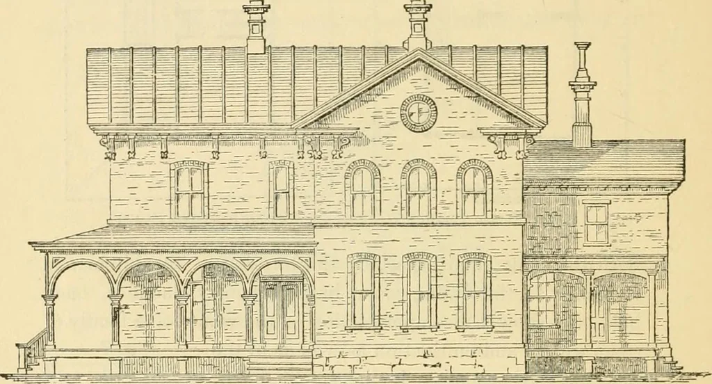 An illustration from The house, a manual of rural architecture, or, How to build country houses and out-buildings : embracing the origin and meaning of the house ; the art of house-building, including planning, style and construction ; desings and descriptions of cottages farm-houses, villas and out-buildings, of various cost and in the different styles of architecture, etc., etc. ; and an appendix containing recipes for paints and washes, stucco, rough-cast, etc. ; and instructions for roofing, building with rough stone, unburnt brick, balloon frames, and the concrete or gravel wall ; with numerous original plans, 1866, leaf 111