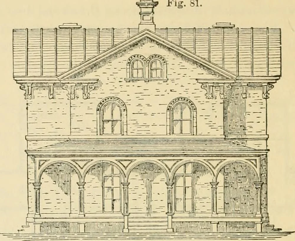 An illustration from The house, a manual of rural architecture, or, How to build country houses and out-buildings : embracing the origin and meaning of the house ; the art of house-building, including planning, style and construction ; desings and descriptions of cottages farm-houses, villas and out-buildings, of various cost and in the different styles of architecture, etc., etc. ; and an appendix containing recipes for paints and washes, stucco, rough-cast, etc. ; and instructions for roofing, building with rough stone, unburnt brick, balloon frames, and the concrete or gravel wall ; with numerous original plans, 1866, leaf 113