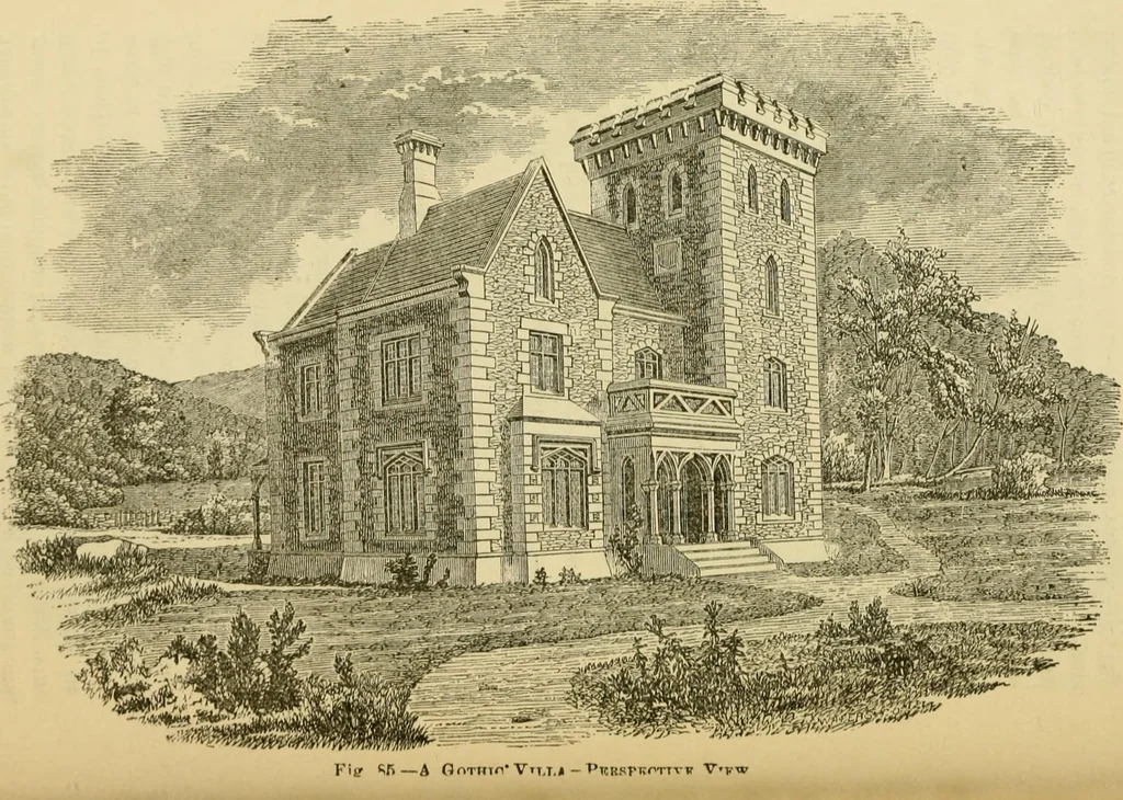 An illustration from The house, a manual of rural architecture, or, How to build country houses and out-buildings : embracing the origin and meaning of the house ; the art of house-building, including planning, style and construction ; desings and descriptions of cottages farm-houses, villas and out-buildings, of various cost and in the different styles of architecture, etc., etc. ; and an appendix containing recipes for paints and washes, stucco, rough-cast, etc. ; and instructions for roofing, building with rough stone, unburnt brick, balloon frames, and the concrete or gravel wall ; with numerous original plans, 1866, leaf 116