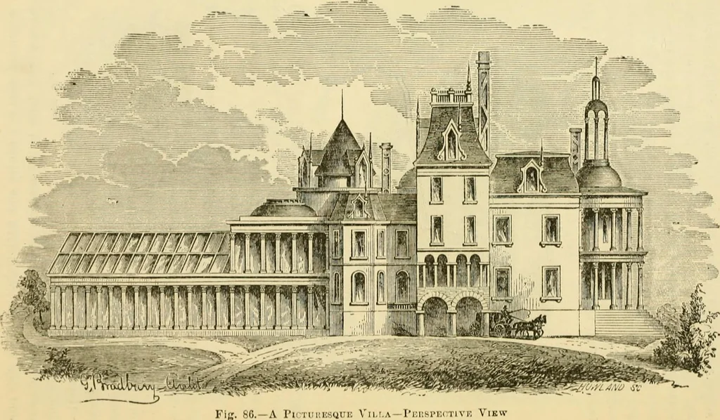 An illustration from The house, a manual of rural architecture, or, How to build country houses and out-buildings : embracing the origin and meaning of the house ; the art of house-building, including planning, style and construction ; desings and descriptions of cottages farm-houses, villas and out-buildings, of various cost and in the different styles of architecture, etc., etc. ; and an appendix containing recipes for paints and washes, stucco, rough-cast, etc. ; and instructions for roofing, building with rough stone, unburnt brick, balloon frames, and the concrete or gravel wall ; with numerous original plans, 1866, leaf 118