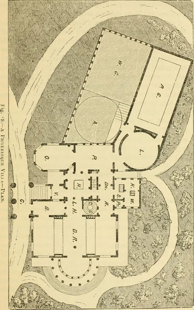 An illustration from The house, a manual of rural architecture, or, How to build country houses and out-buildings : embracing the origin and meaning of the house ; the art of house-building, including planning, style and construction ; desings and descriptions of cottages farm-houses, villas and out-buildings, of various cost and in the different styles of architecture, etc., etc. ; and an appendix containing recipes for paints and washes, stucco, rough-cast, etc. ; and instructions for roofing, building with rough stone, unburnt brick, balloon frames, and the concrete or gravel wall ; with numerous original plans, 1866, leaf 120