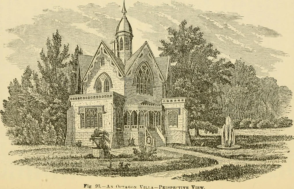 An illustration from The house, a manual of rural architecture, or, How to build country houses and out-buildings : embracing the origin and meaning of the house ; the art of house-building, including planning, style and construction ; desings and descriptions of cottages farm-houses, villas and out-buildings, of various cost and in the different styles of architecture, etc., etc. ; and an appendix containing recipes for paints and washes, stucco, rough-cast, etc. ; and instructions for roofing, building with rough stone, unburnt brick, balloon frames, and the concrete or gravel wall ; with numerous original plans, 1866, leaf 127