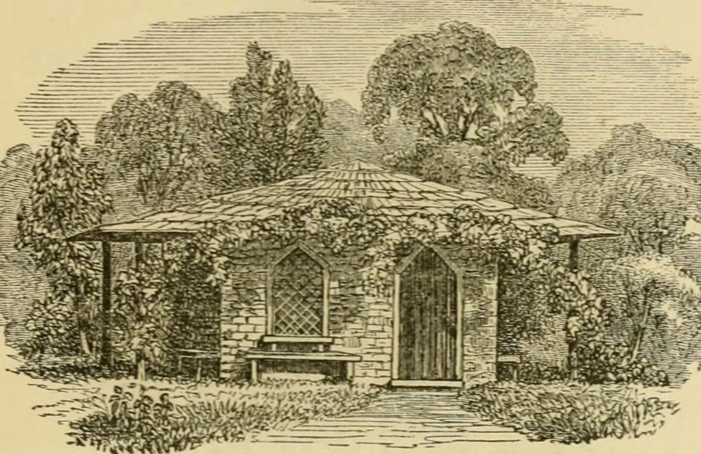 An illustration from The house, a manual of rural architecture, or, How to build country houses and out-buildings : embracing the origin and meaning of the house ; the art of house-building, including planning, style and construction ; desings and descriptions of cottages farm-houses, villas and out-buildings, of various cost and in the different styles of architecture, etc., etc. ; and an appendix containing recipes for paints and washes, stucco, rough-cast, etc. ; and instructions for roofing, building with rough stone, unburnt brick, balloon frames, and the concrete or gravel wall ; with numerous original plans, 1866, leaf 154