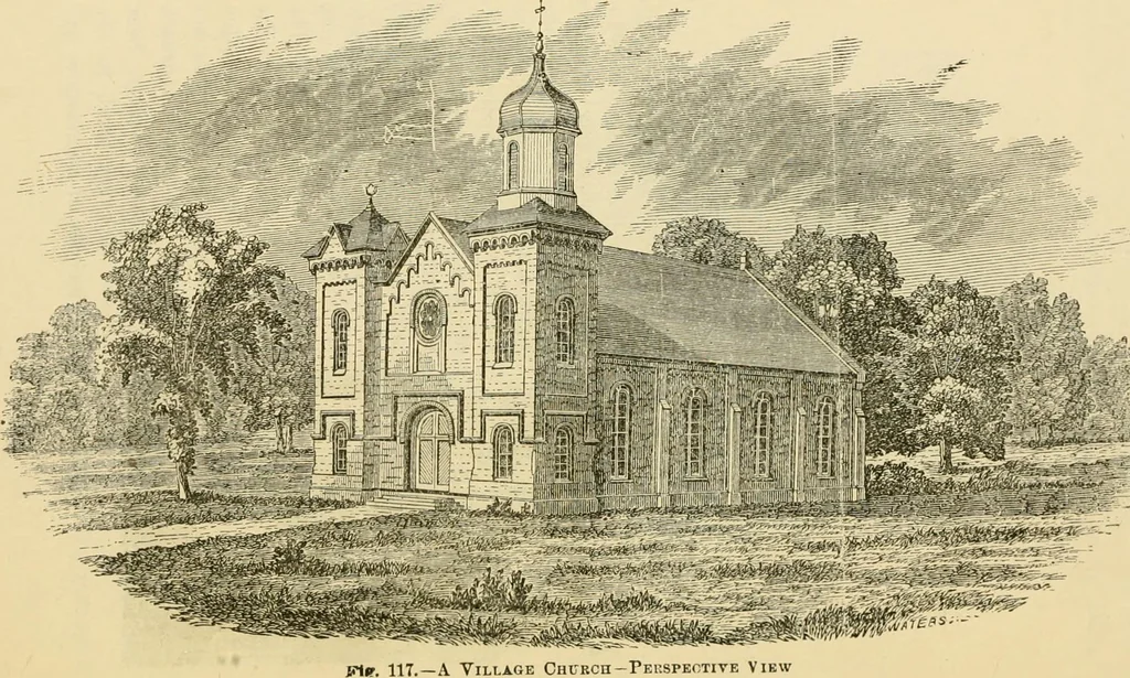 An illustration from The house, a manual of rural architecture, or, How to build country houses and out-buildings : embracing the origin and meaning of the house ; the art of house-building, including planning, style and construction ; desings and descriptions of cottages farm-houses, villas and out-buildings, of various cost and in the different styles of architecture, etc., etc. ; and an appendix containing recipes for paints and washes, stucco, rough-cast, etc. ; and instructions for roofing, building with rough stone, unburnt brick, balloon frames, and the concrete or gravel wall ; with numerous original plans, 1866, leaf 157