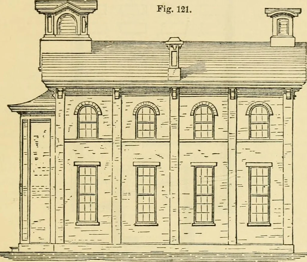 An illustration from The house, a manual of rural architecture, or, How to build country houses and out-buildings : embracing the origin and meaning of the house ; the art of house-building, including planning, style and construction ; desings and descriptions of cottages farm-houses, villas and out-buildings, of various cost and in the different styles of architecture, etc., etc. ; and an appendix containing recipes for paints and washes, stucco, rough-cast, etc. ; and instructions for roofing, building with rough stone, unburnt brick, balloon frames, and the concrete or gravel wall ; with numerous original plans, 1866, leaf 160