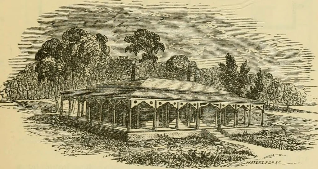 An illustration from The house, a manual of rural architecture, or, How to build country houses and out-buildings : embracing the origin and meaning of the house ; the art of house-building, including planning, style and construction ; desings and descriptions of cottages farm-houses, villas and out-buildings, of various cost and in the different styles of architecture, etc., etc. ; and an appendix containing recipes for paints and washes, stucco, rough-cast, etc. ; and instructions for roofing, building with rough stone, unburnt brick, balloon frames, and the concrete or gravel wall ; with numerous original plans, 1866, leaf 52