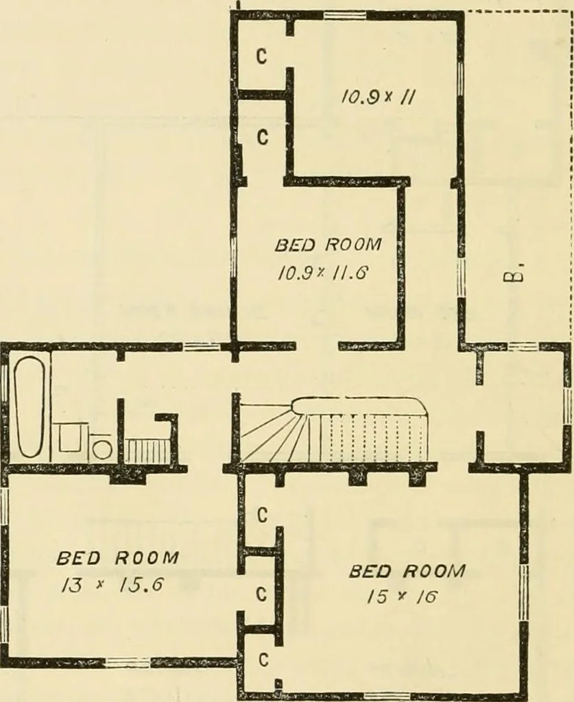 An illustration from The house, a manual of rural architecture, or, How to build country houses and out-buildings : embracing the origin and meaning of the house ; the art of house-building, including planning, style and construction ; desings and descriptions of cottages farm-houses, villas and out-buildings, of various cost and in the different styles of architecture, etc., etc. ; and an appendix containing recipes for paints and washes, stucco, rough-cast, etc. ; and instructions for roofing, building with rough stone, unburnt brick, balloon frames, and the concrete or gravel wall ; with numerous original plans, 1866, leaf 57