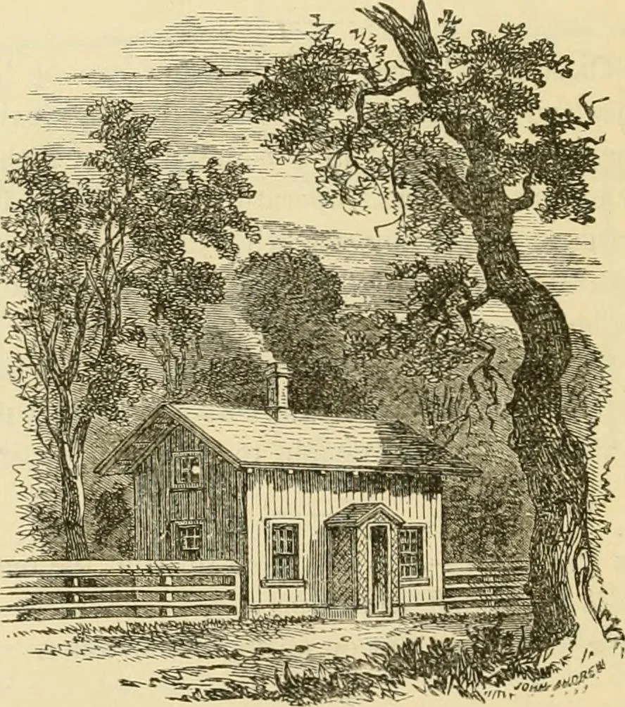 An illustration from The house, a manual of rural architecture, or, How to build country houses and out-buildings : embracing the origin and meaning of the house ; the art of house-building, including planning, style and construction ; desings and descriptions of cottages farm-houses, villas and out-buildings, of various cost and in the different styles of architecture, etc., etc. ; and an appendix containing recipes for paints and washes, stucco, rough-cast, etc. ; and instructions for roofing, building with rough stone, unburnt brick, balloon frames, and the concrete or gravel wall ; with numerous original plans, 1866, leaf 59