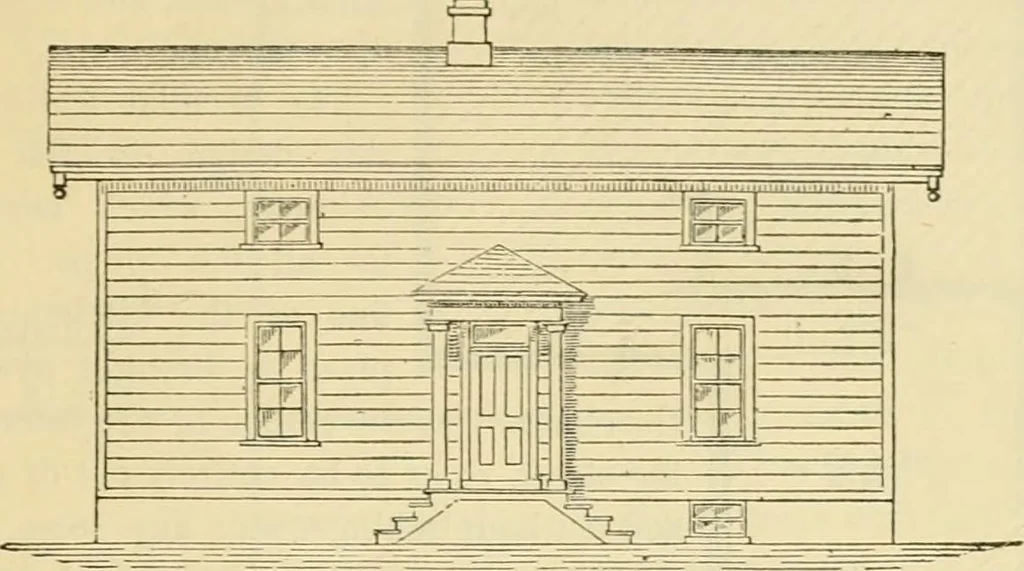 An illustration from The house, a manual of rural architecture, or, How to build country houses and out-buildings : embracing the origin and meaning of the house ; the art of house-building, including planning, style and construction ; desings and descriptions of cottages farm-houses, villas and out-buildings, of various cost and in the different styles of architecture, etc., etc. ; and an appendix containing recipes for paints and washes, stucco, rough-cast, etc. ; and instructions for roofing, building with rough stone, unburnt brick, balloon frames, and the concrete or gravel wall ; with numerous original plans, 1866, leaf 62