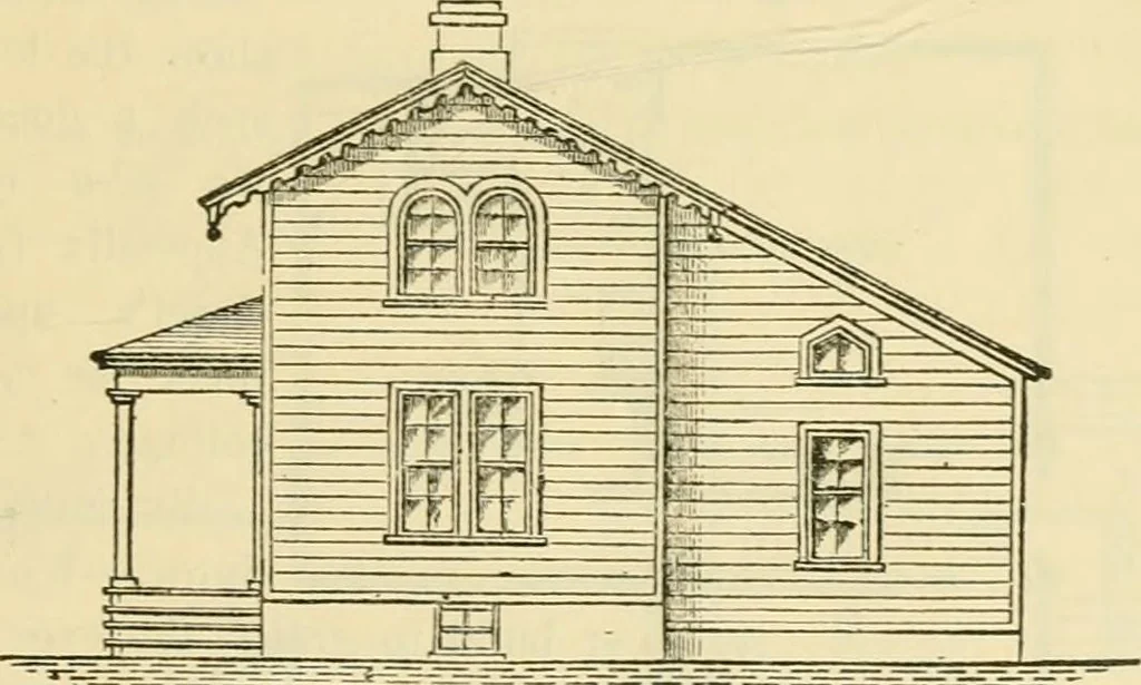 An illustration from The house, a manual of rural architecture, or, How to build country houses and out-buildings : embracing the origin and meaning of the house ; the art of house-building, including planning, style and construction ; desings and descriptions of cottages farm-houses, villas and out-buildings, of various cost and in the different styles of architecture, etc., etc. ; and an appendix containing recipes for paints and washes, stucco, rough-cast, etc. ; and instructions for roofing, building with rough stone, unburnt brick, balloon frames, and the concrete or gravel wall ; with numerous original plans, 1866, leaf 62
