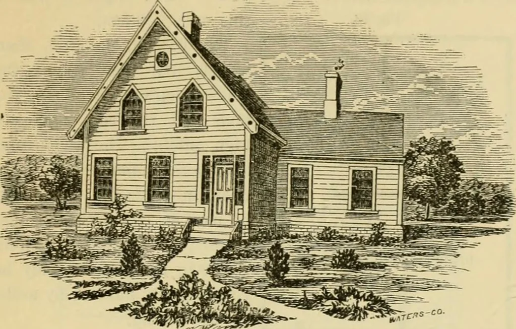 An illustration from The house, a manual of rural architecture, or, How to build country houses and out-buildings : embracing the origin and meaning of the house ; the art of house-building, including planning, style and construction ; desings and descriptions of cottages farm-houses, villas and out-buildings, of various cost and in the different styles of architecture, etc., etc. ; and an appendix containing recipes for paints and washes, stucco, rough-cast, etc. ; and instructions for roofing, building with rough stone, unburnt brick, balloon frames, and the concrete or gravel wall ; with numerous original plans, 1866, leaf 66