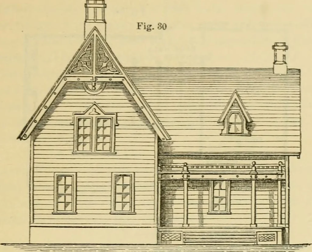 An illustration from The house, a manual of rural architecture, or, How to build country houses and out-buildings : embracing the origin and meaning of the house ; the art of house-building, including planning, style and construction ; desings and descriptions of cottages farm-houses, villas and out-buildings, of various cost and in the different styles of architecture, etc., etc. ; and an appendix containing recipes for paints and washes, stucco, rough-cast, etc. ; and instructions for roofing, building with rough stone, unburnt brick, balloon frames, and the concrete or gravel wall ; with numerous original plans, 1866, leaf 68