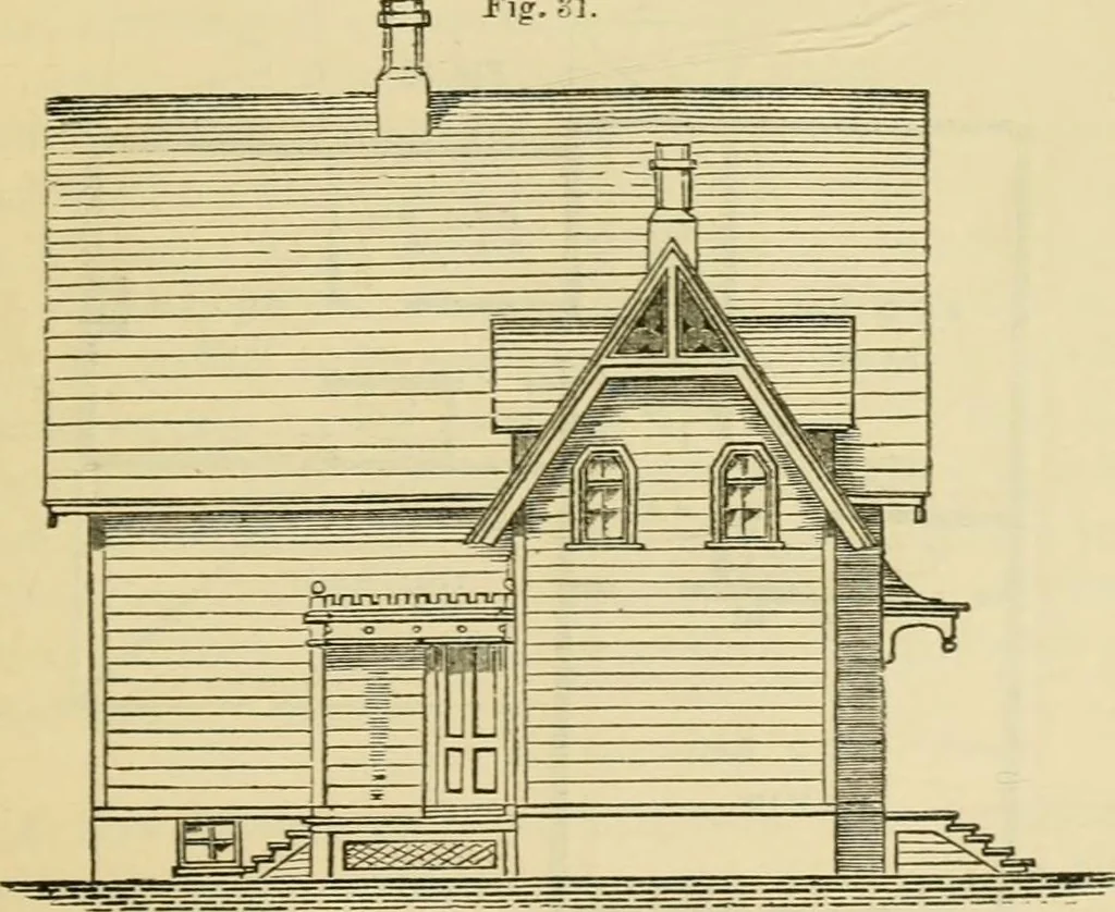 An illustration from The house, a manual of rural architecture, or, How to build country houses and out-buildings : embracing the origin and meaning of the house ; the art of house-building, including planning, style and construction ; desings and descriptions of cottages farm-houses, villas and out-buildings, of various cost and in the different styles of architecture, etc., etc. ; and an appendix containing recipes for paints and washes, stucco, rough-cast, etc. ; and instructions for roofing, building with rough stone, unburnt brick, balloon frames, and the concrete or gravel wall ; with numerous original plans, 1866, leaf 68