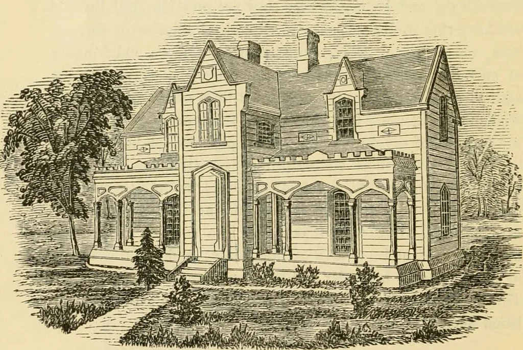 An illustration from The house, a manual of rural architecture, or, How to build country houses and out-buildings : embracing the origin and meaning of the house ; the art of house-building, including planning, style and construction ; desings and descriptions of cottages farm-houses, villas and out-buildings, of various cost and in the different styles of architecture, etc., etc. ; and an appendix containing recipes for paints and washes, stucco, rough-cast, etc. ; and instructions for roofing, building with rough stone, unburnt brick, balloon frames, and the concrete or gravel wall ; with numerous original plans, 1866, leaf 71