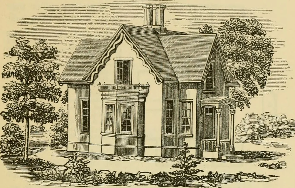 An illustration from The house, a manual of rural architecture, or, How to build country houses and out-buildings : embracing the origin and meaning of the house ; the art of house-building, including planning, style and construction ; desings and descriptions of cottages farm-houses, villas and out-buildings, of various cost and in the different styles of architecture, etc., etc. ; and an appendix containing recipes for paints and washes, stucco, rough-cast, etc. ; and instructions for roofing, building with rough stone, unburnt brick, balloon frames, and the concrete or gravel wall ; with numerous original plans, 1866, leaf 74