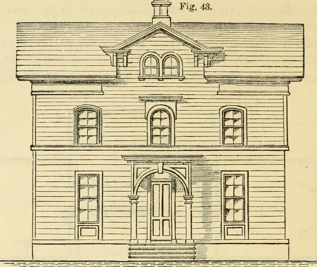 An illustration from The house, a manual of rural architecture, or, How to build country houses and out-buildings : embracing the origin and meaning of the house ; the art of house-building, including planning, style and construction ; desings and descriptions of cottages farm-houses, villas and out-buildings, of various cost and in the different styles of architecture, etc., etc. ; and an appendix containing recipes for paints and washes, stucco, rough-cast, etc. ; and instructions for roofing, building with rough stone, unburnt brick, balloon frames, and the concrete or gravel wall ; with numerous original plans, 1866, leaf 79