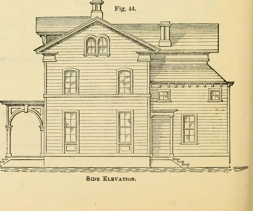 An illustration from The house, a manual of rural architecture, or, How to build country houses and out-buildings : embracing the origin and meaning of the house ; the art of house-building, including planning, style and construction ; desings and descriptions of cottages farm-houses, villas and out-buildings, of various cost and in the different styles of architecture, etc., etc. ; and an appendix containing recipes for paints and washes, stucco, rough-cast, etc. ; and instructions for roofing, building with rough stone, unburnt brick, balloon frames, and the concrete or gravel wall ; with numerous original plans, 1866, leaf 79