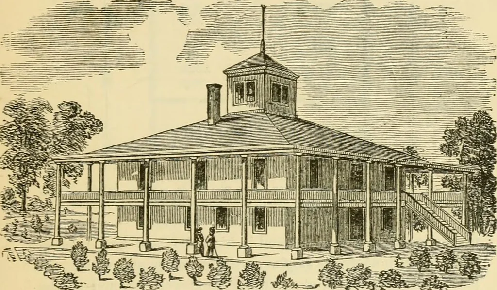 An illustration from The house, a manual of rural architecture, or, How to build country houses and out-buildings : embracing the origin and meaning of the house ; the art of house-building, including planning, style and construction ; desings and descriptions of cottages farm-houses, villas and out-buildings, of various cost and in the different styles of architecture, etc., etc. ; and an appendix containing recipes for paints and washes, stucco, rough-cast, etc. ; and instructions for roofing, building with rough stone, unburnt brick, balloon frames, and the concrete or gravel wall ; with numerous original plans, 1866, leaf 82