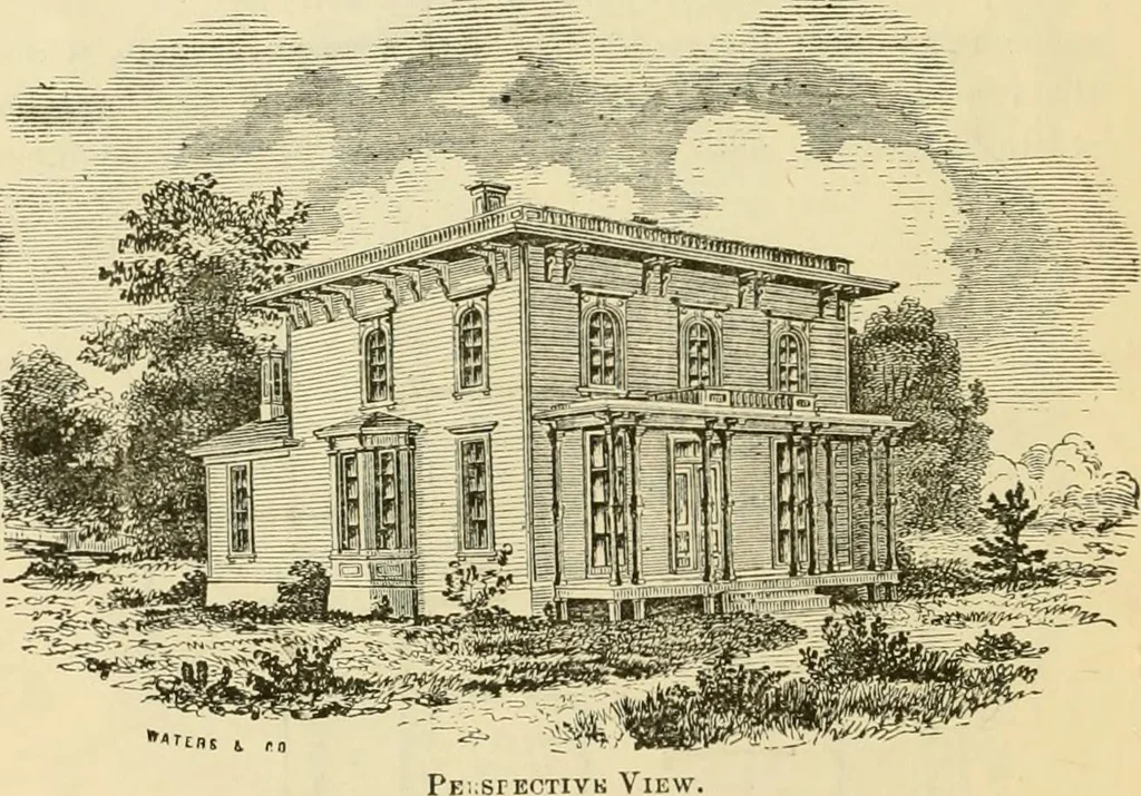An illustration from The house, a manual of rural architecture, or, How to build country houses and out-buildings : embracing the origin and meaning of the house ; the art of house-building, including planning, style and construction ; desings and descriptions of cottages farm-houses, villas and out-buildings, of various cost and in the different styles of architecture, etc., etc. ; and an appendix containing recipes for paints and washes, stucco, rough-cast, etc. ; and instructions for roofing, building with rough stone, unburnt brick, balloon frames, and the concrete or gravel wall ; with numerous original plans, 1866, leaf 89