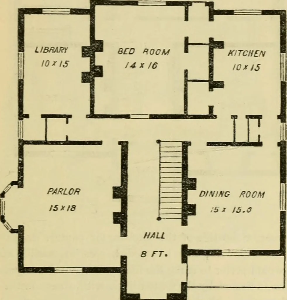 An illustration from The house, a manual of rural architecture, or, How to build country houses and out-buildings : embracing the origin and meaning of the house ; the art of house-building, including planning, style and construction ; desings and descriptions of cottages farm-houses, villas and out-buildings, of various cost and in the different styles of architecture, etc., etc. ; and an appendix containing recipes for paints and washes, stucco, rough-cast, etc. ; and instructions for roofing, building with rough stone, unburnt brick, balloon frames, and the concrete or gravel wall ; with numerous original plans, 1866, leaf 92