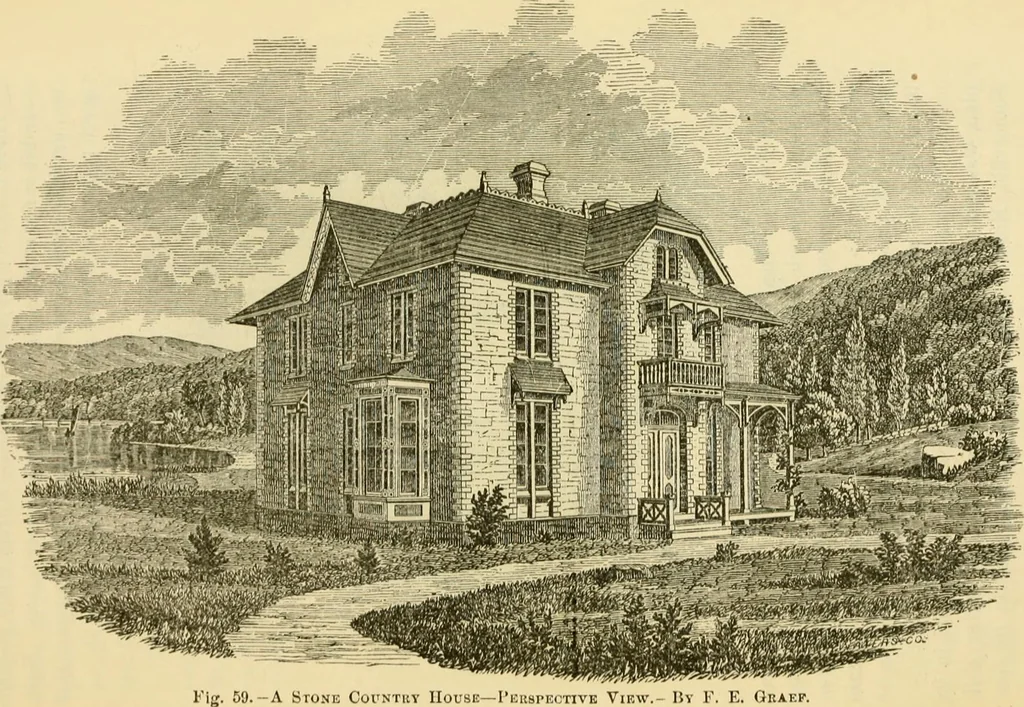 An illustration from The house, a manual of rural architecture, or, How to build country houses and out-buildings : embracing the origin and meaning of the house ; the art of house-building, including planning, style and construction ; desings and descriptions of cottages farm-houses, villas and out-buildings, of various cost and in the different styles of architecture, etc., etc. ; and an appendix containing recipes for paints and washes, stucco, rough-cast, etc. ; and instructions for roofing, building with rough stone, unburnt brick, balloon frames, and the concrete or gravel wall ; with numerous original plans, 1866, leaf 94