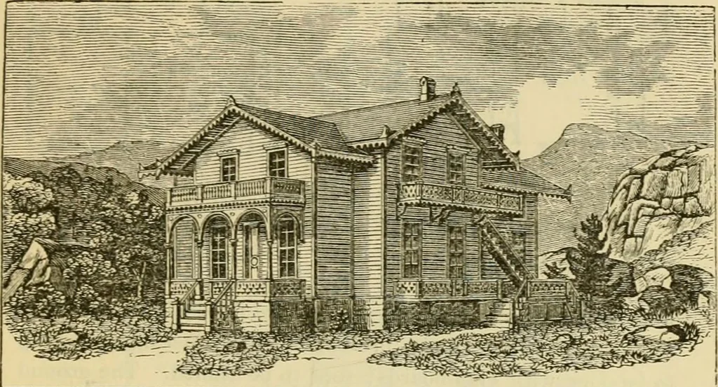 An illustration from The house, a manual of rural architecture, or, How to build country houses and out-buildings : embracing the origin and meaning of the house ; the art of house-building, including planning, style and construction ; desings and descriptions of cottages farm-houses, villas and out-buildings, of various cost and in the different styles of architecture, etc., etc. ; and an appendix containing recipes for paints and washes, stucco, rough-cast, etc. ; and instructions for roofing, building with rough stone, unburnt brick, balloon frames, and the concrete or gravel wall ; with numerous original plans, 1866, leaf 98