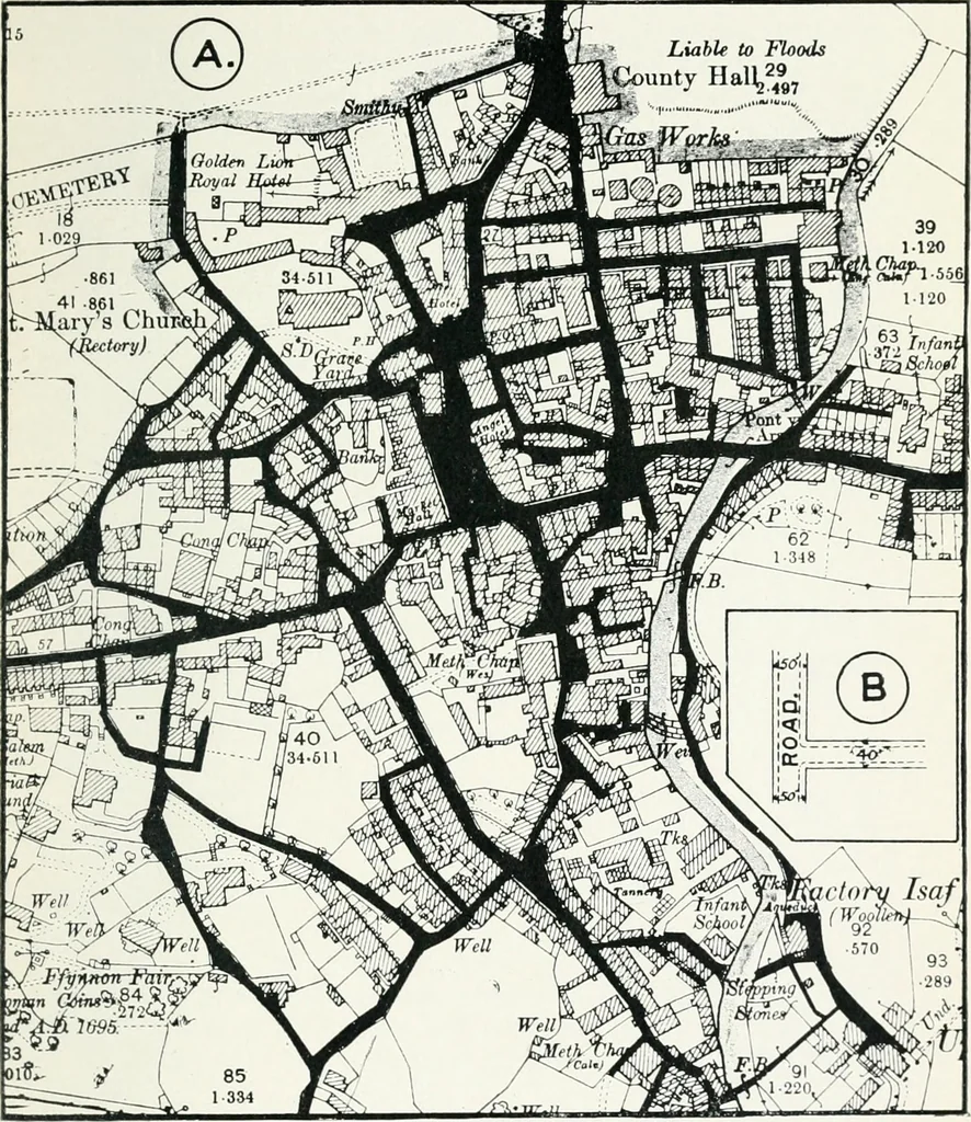 An illustration from The housing acts, 1890-1909, and town planning as applied to Great Britain. Containing the provisions of the Housing, Town Planning &c., etc., Act, 1909, and embodying the Town Planning Procedure Regulations (England and Wales), 1910., 1910, leaf 128