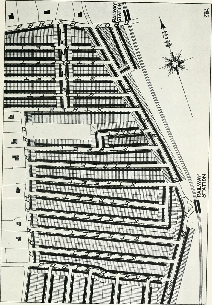 An illustration from The housing acts, 1890-1909, and town planning as applied to Great Britain. Containing the provisions of the Housing, Town Planning &c., etc., Act, 1909, and embodying the Town Planning Procedure Regulations (England and Wales), 1910., 1910, leaf 136