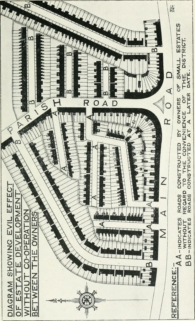 An illustration from The housing acts, 1890-1909, and town planning as applied to Great Britain. Containing the provisions of the Housing, Town Planning &c., etc., Act, 1909, and embodying the Town Planning Procedure Regulations (England and Wales), 1910., 1910, leaf 158