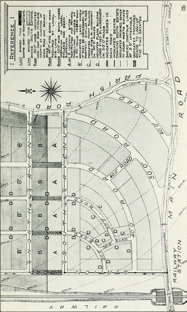 An illustration from The housing acts, 1890-1909, and town planning as applied to Great Britain. Containing the provisions of the Housing, Town Planning &c., etc., Act, 1909, and embodying the Town Planning Procedure Regulations (England and Wales), 1910., 1910, leaf 218