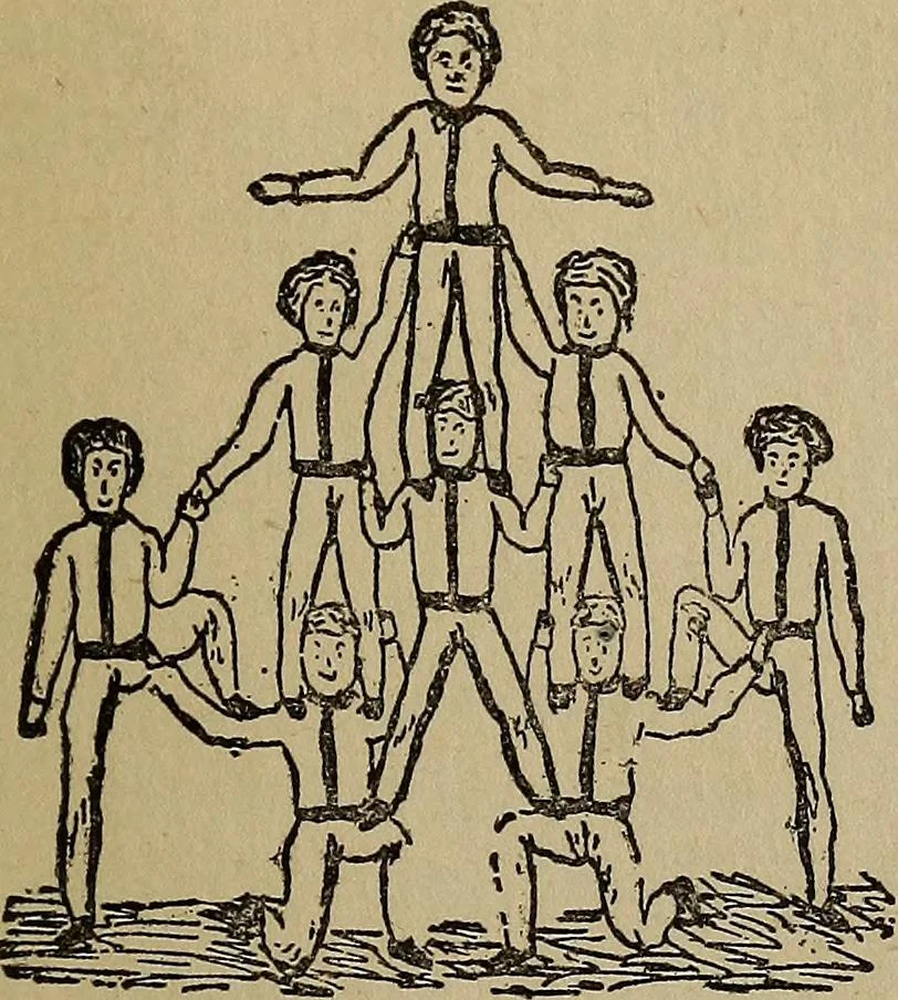 An illustration from How to, a book of tumbling, tricks, pyramids and games;, 1899, leaf 102