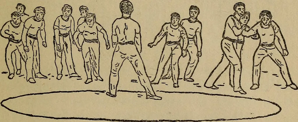 An illustration from How to, a book of tumbling, tricks, pyramids and games;, 1899, leaf 108