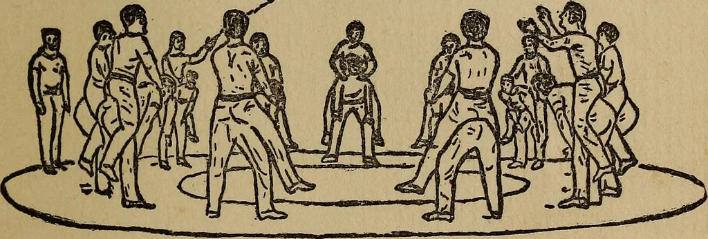 An illustration from How to, a book of tumbling, tricks, pyramids and games;, 1899, leaf 134