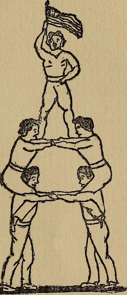An illustration from How to, a book of tumbling, tricks, pyramids and games;, 1899, leaf 142