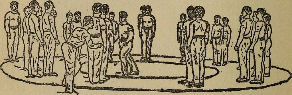 An illustration from How to, a book of tumbling, tricks, pyramids and games;, 1899, leaf 149