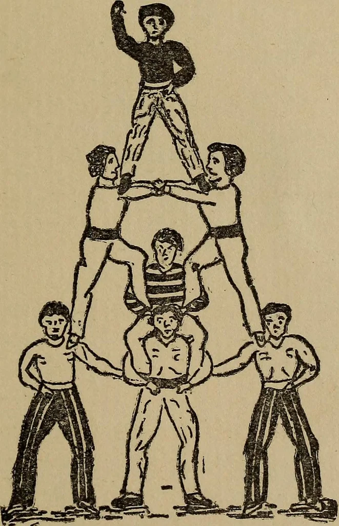 An illustration from How to, a book of tumbling, tricks, pyramids and games;, 1899, leaf 156