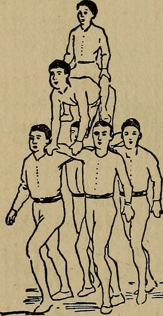 An illustration from How to, a book of tumbling, tricks, pyramids and games;, 1899, leaf 39