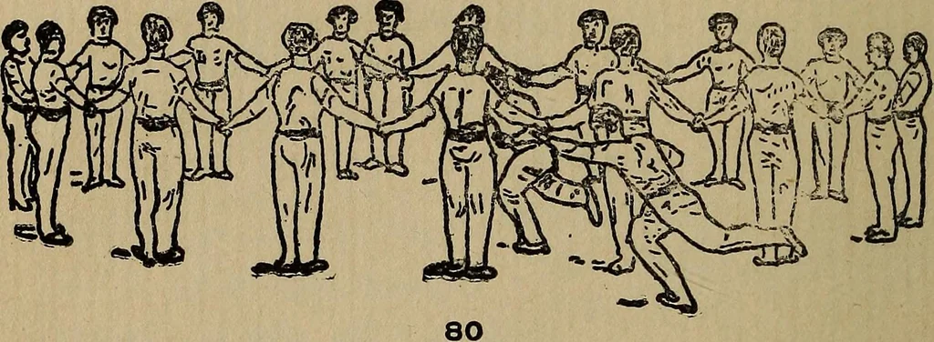 An illustration from How to, a book of tumbling, tricks, pyramids and games;, 1899, leaf 55