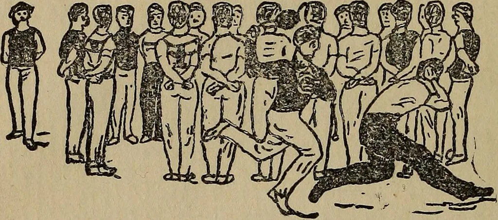 An illustration from How to, a book of tumbling, tricks, pyramids and games;, 1899, leaf 77