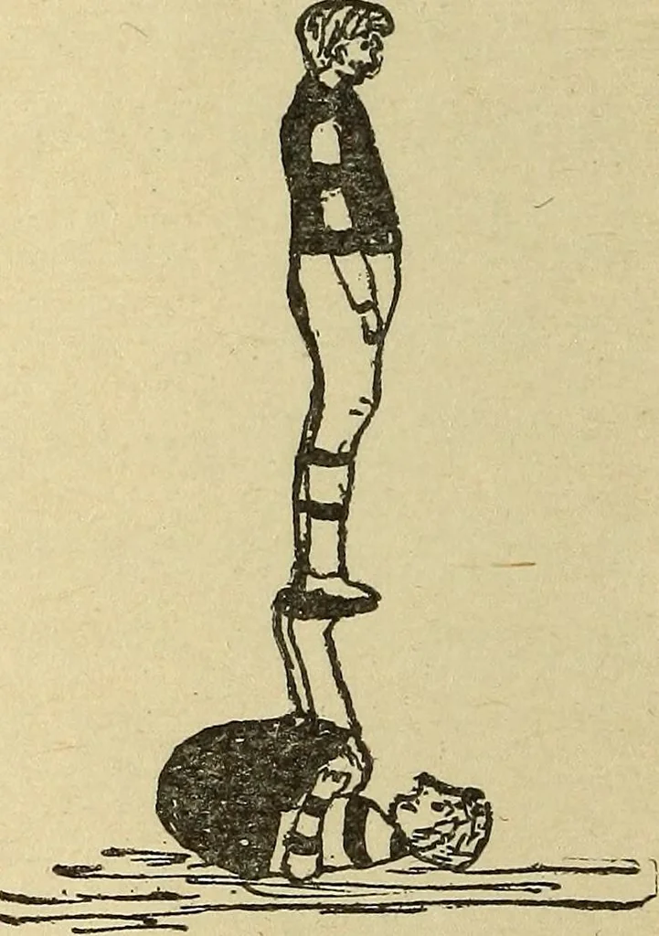 An illustration from How to, a book of tumbling, tricks, pyramids and games;, 1899, leaf 113